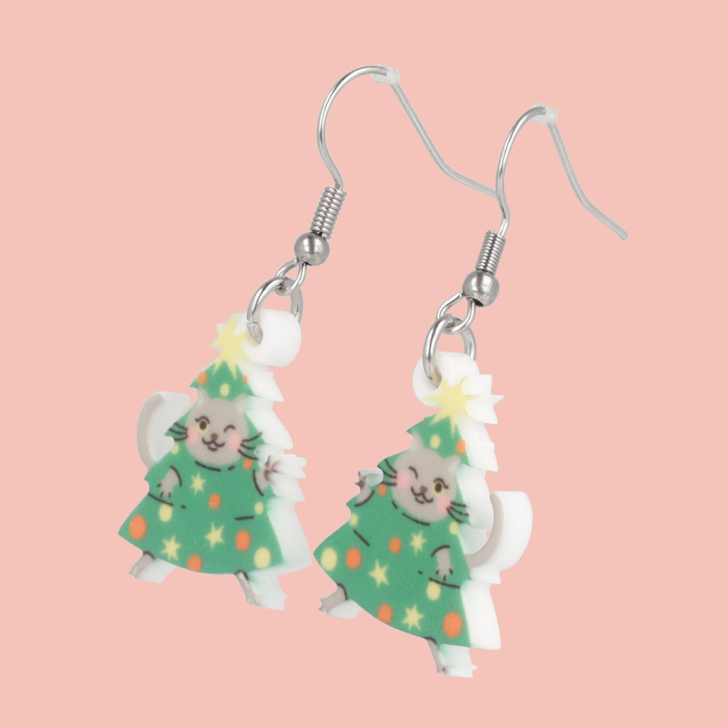 Christmas Tree Kitty Cat Earrings - Sour Cherry
