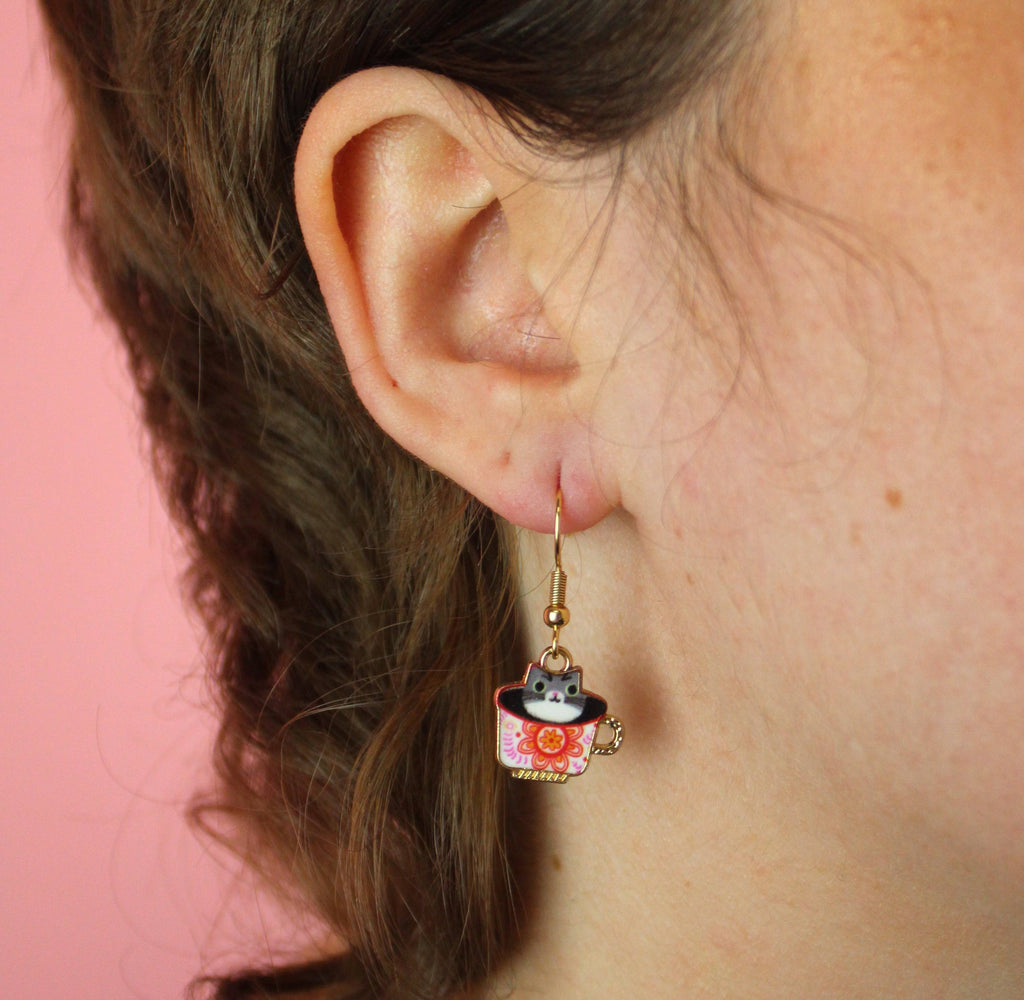 Grey Teacup Cat Earrings - Sour Cherry
