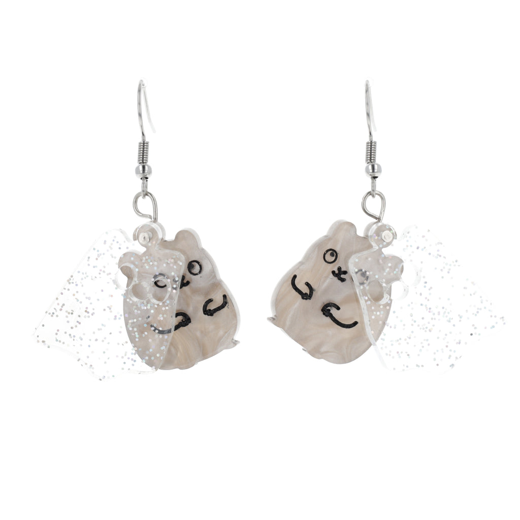 Grey hamster charms with an additional layer of holographic glitter to replicate a ghost on stainless steel earwires