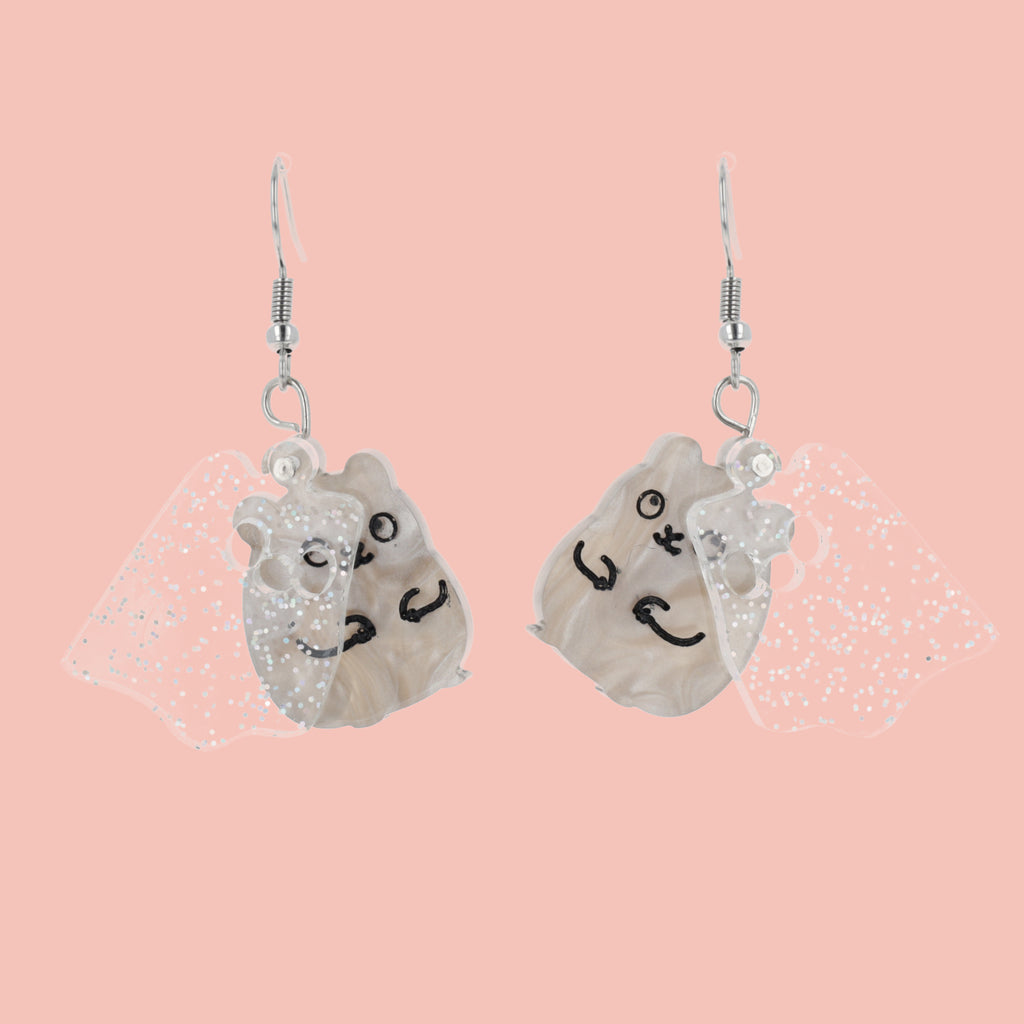Grey hamster charms with an additional layer of holographic glitter to replicate a ghost on stainless steel earwires