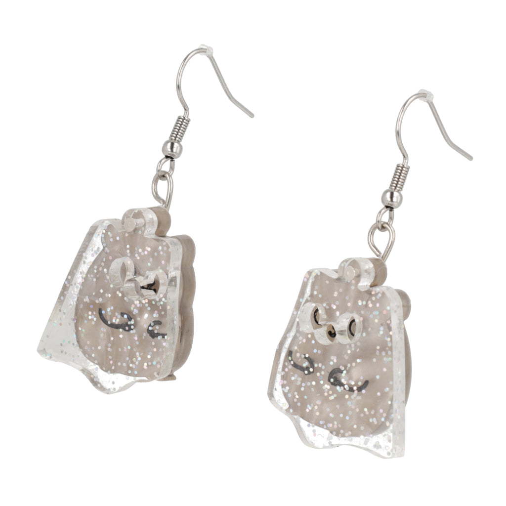 Grey hamster charms with an additional layer of holographic glitter to replicate a ghost on stainless steel earwires