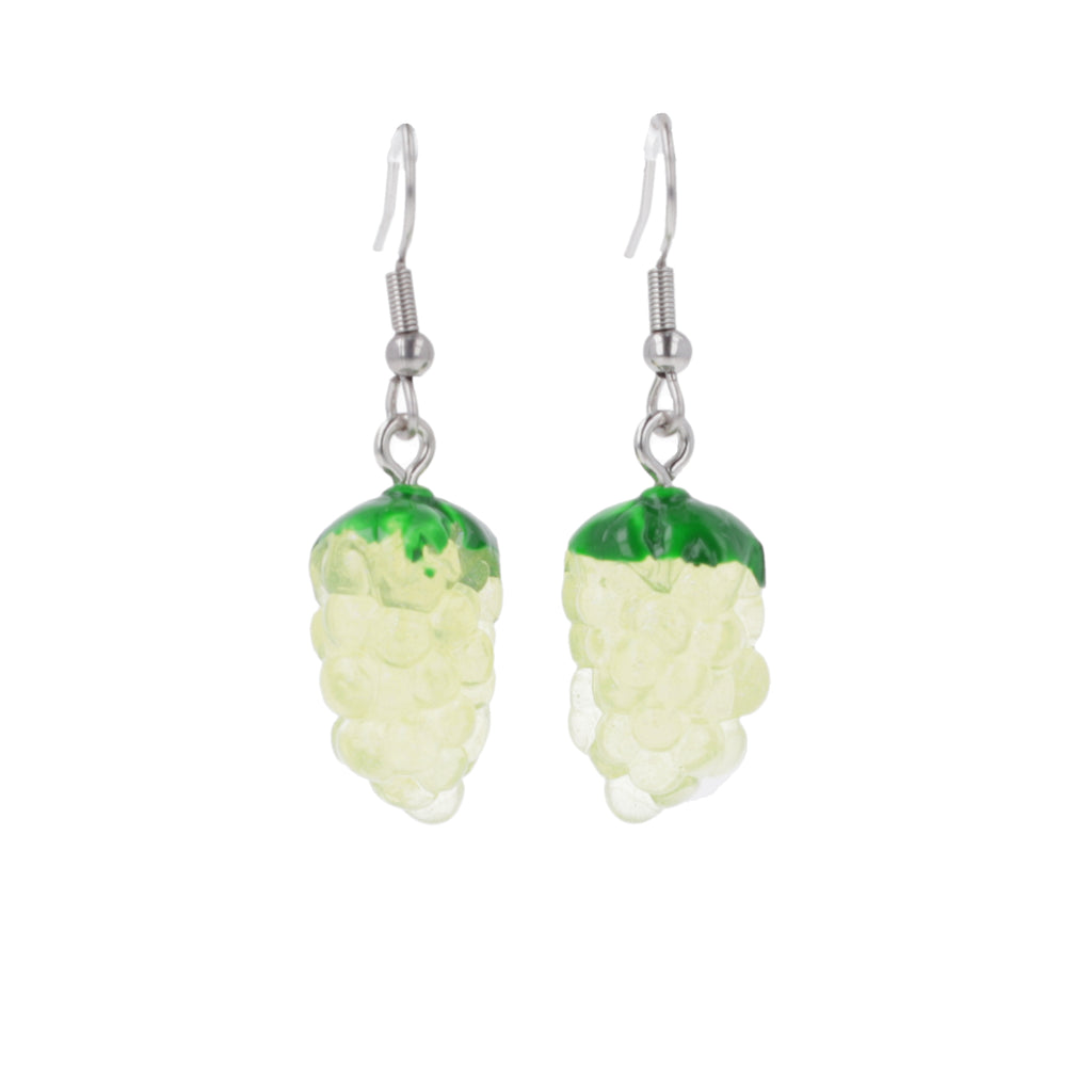 Charms featuring a green bunch of grapes on stainless steel earwires