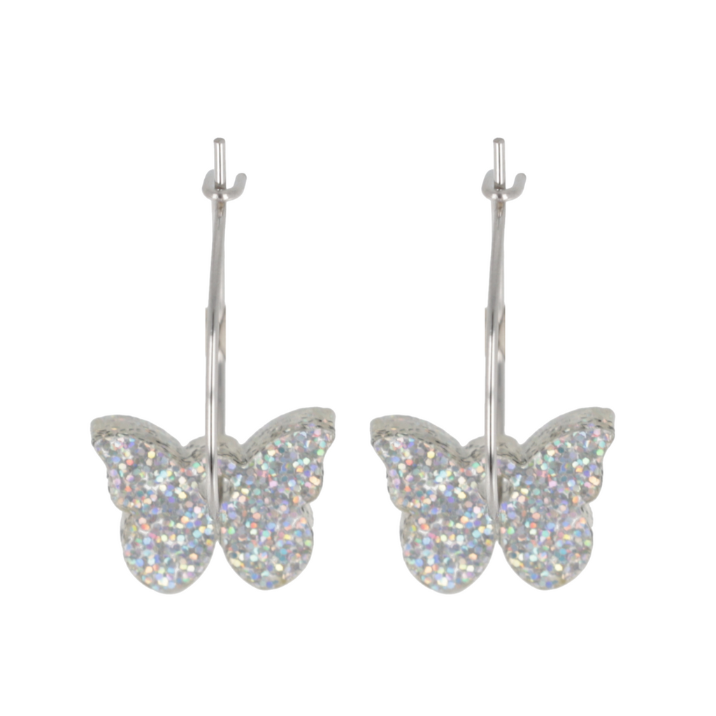 Butterfly-shaped earrings with glittery finish on a white background