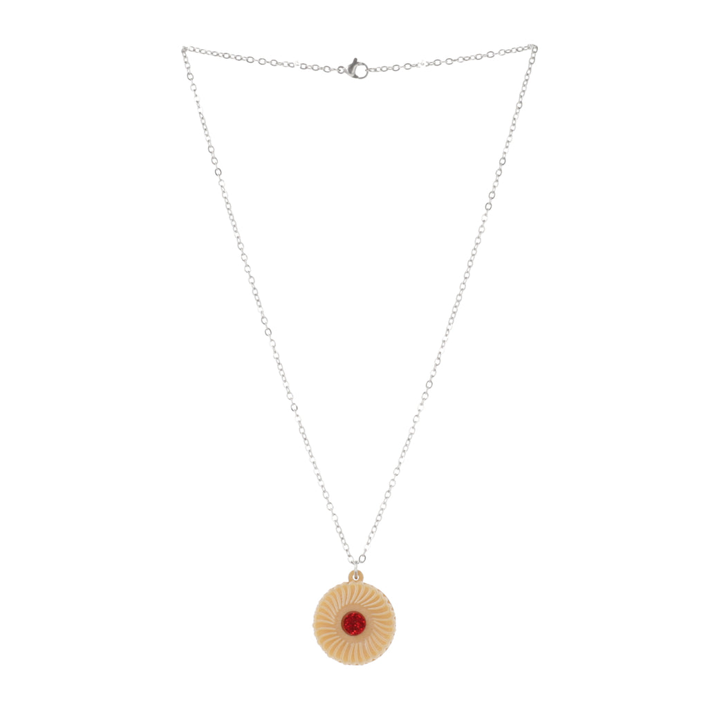 Necklace featuring a pendant of a jam and cream biscuit, on a white background