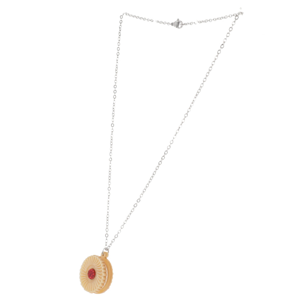 Necklace featuring a pendant of a jam and cream biscuit, on a white background