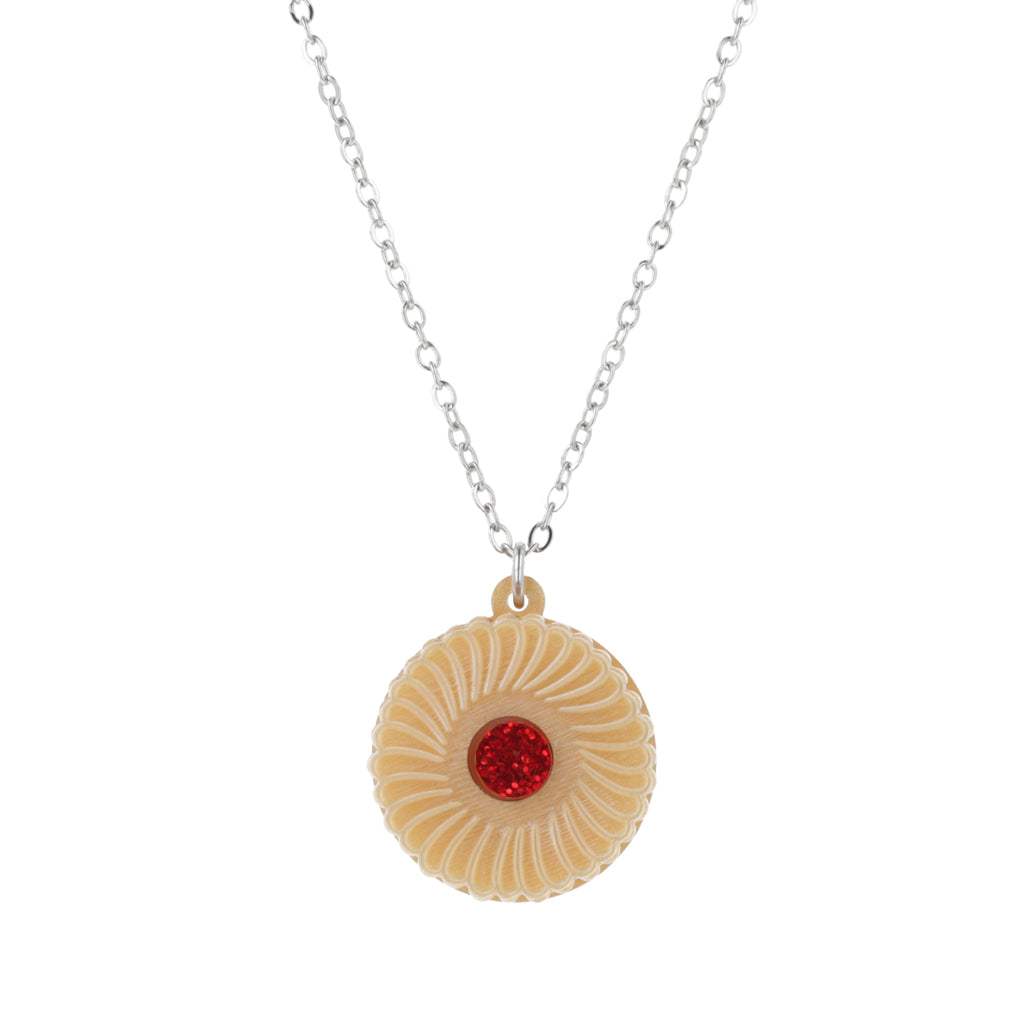 Necklace featuring a pendant of a jam and cream biscuit, on a white background