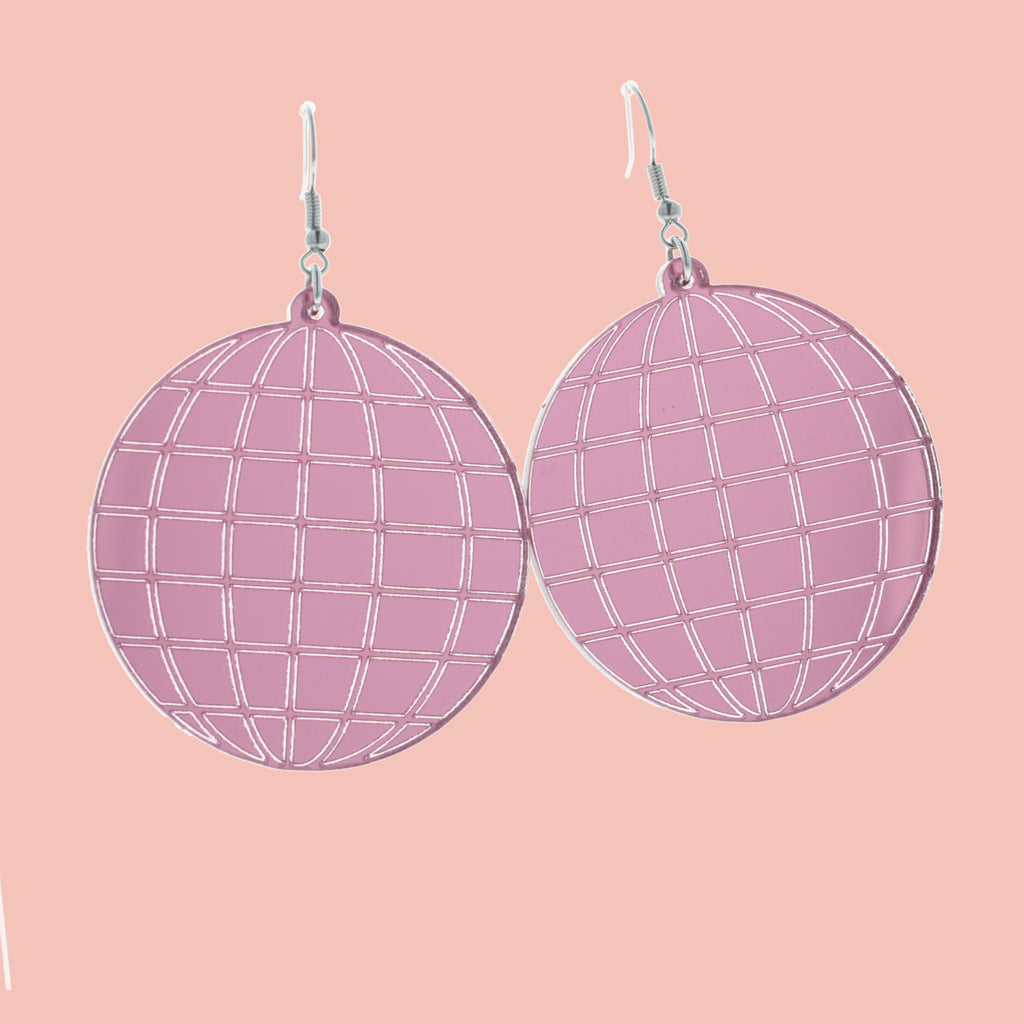 Large Pink Disco Ball Earrings - Sour Cherry