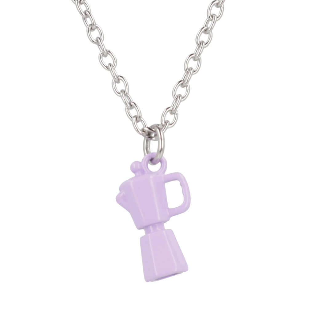 Necklace with a purple coffee pot charm on a white background