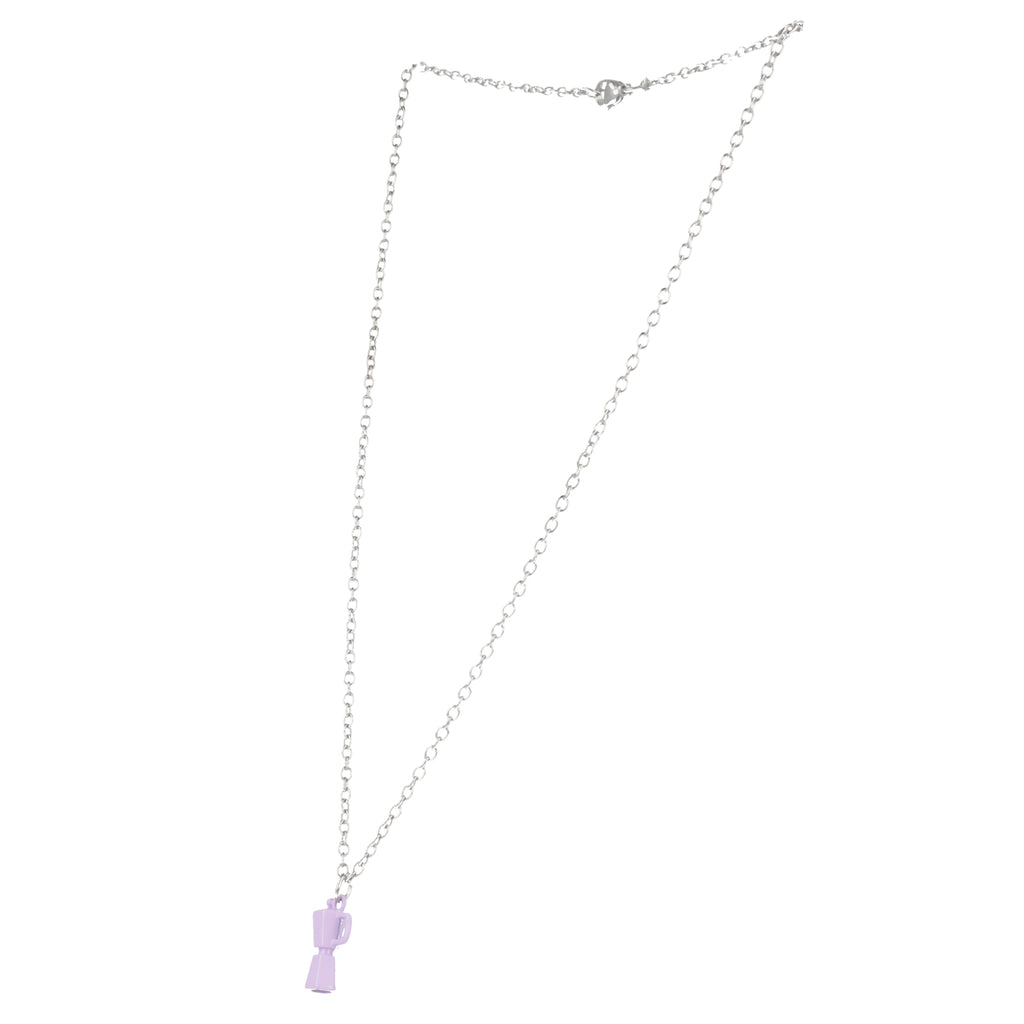 Necklace with a purple coffee pot pendant on a white background