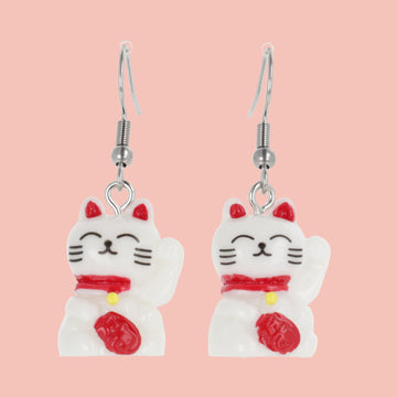 Lucky You! Waving Cat Earrings - Sour Cherry