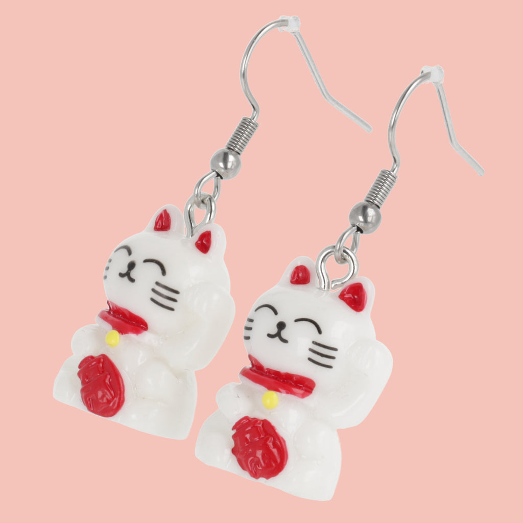 Lucky You! Waving Cat Earrings - Sour Cherry