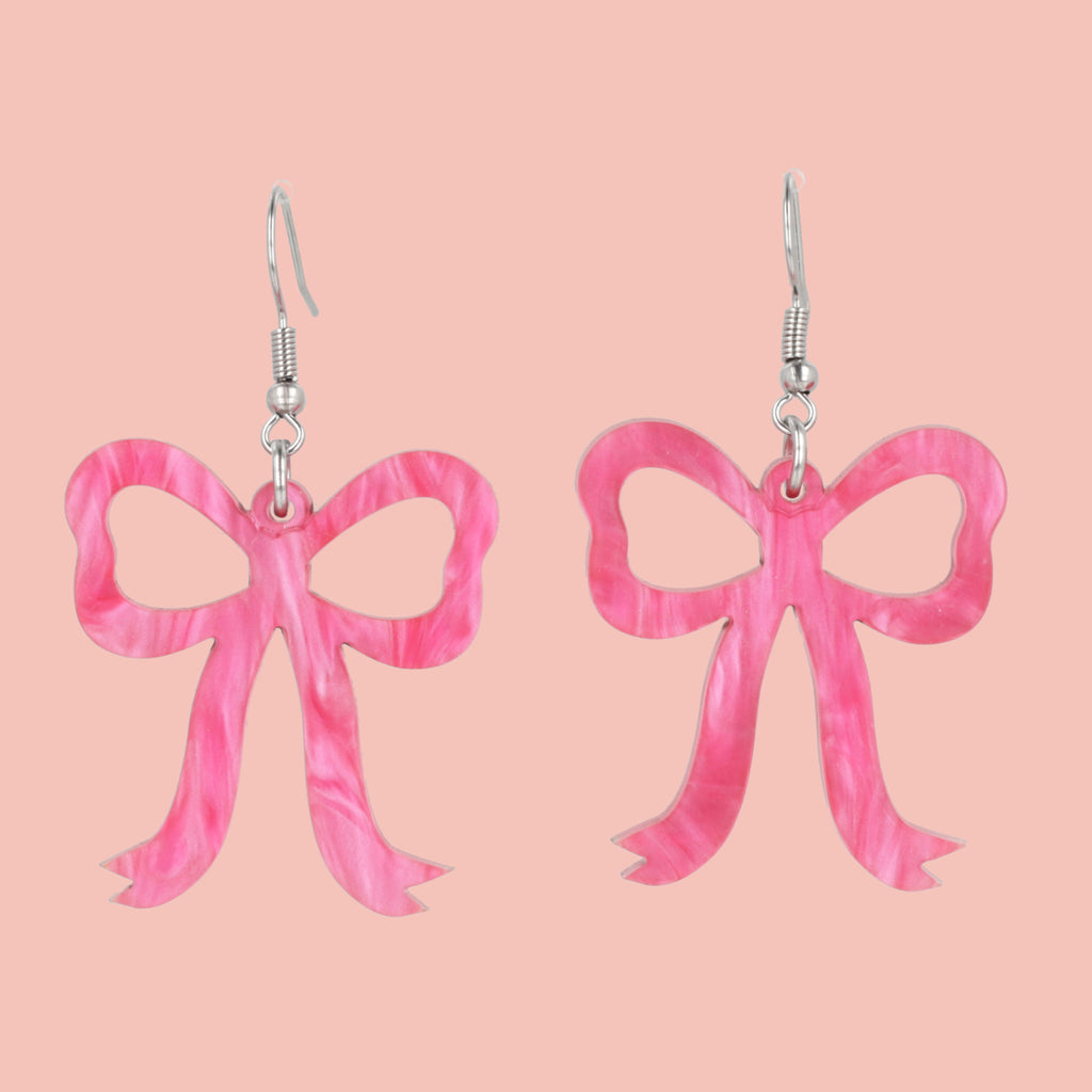 Pink Marble Bow Earrings - Sour Cherry