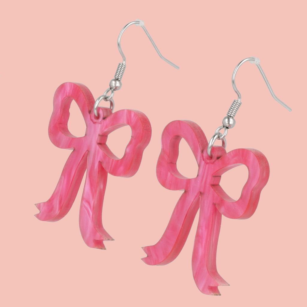 Pink Marble Bow Earrings - Sour Cherry