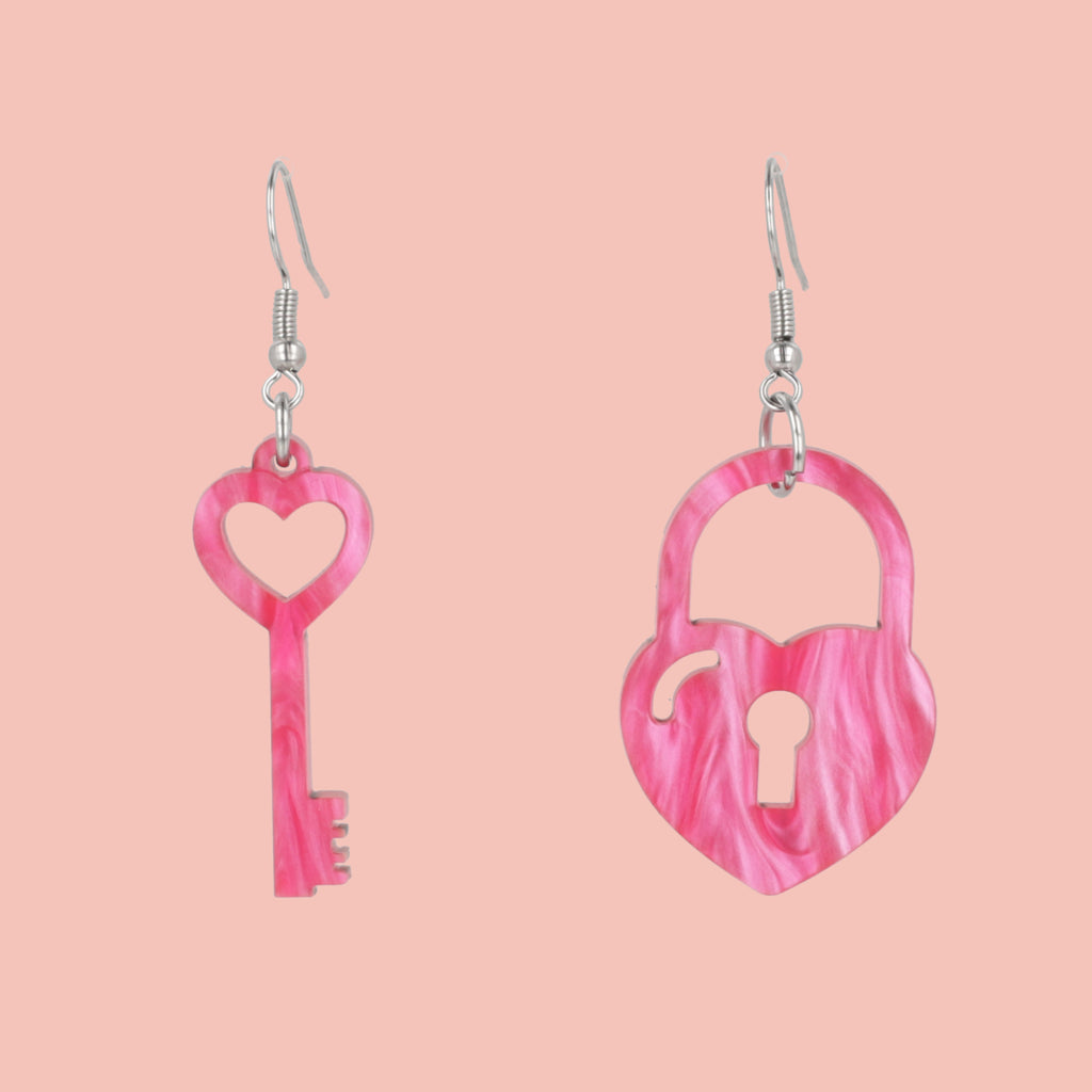 Pink Marble Key To My Heart Earrings - Sour Cherry