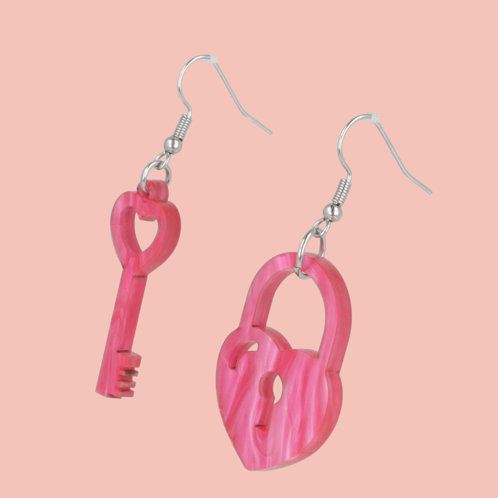 Pink Marble Key To My Heart Earrings - Sour Cherry