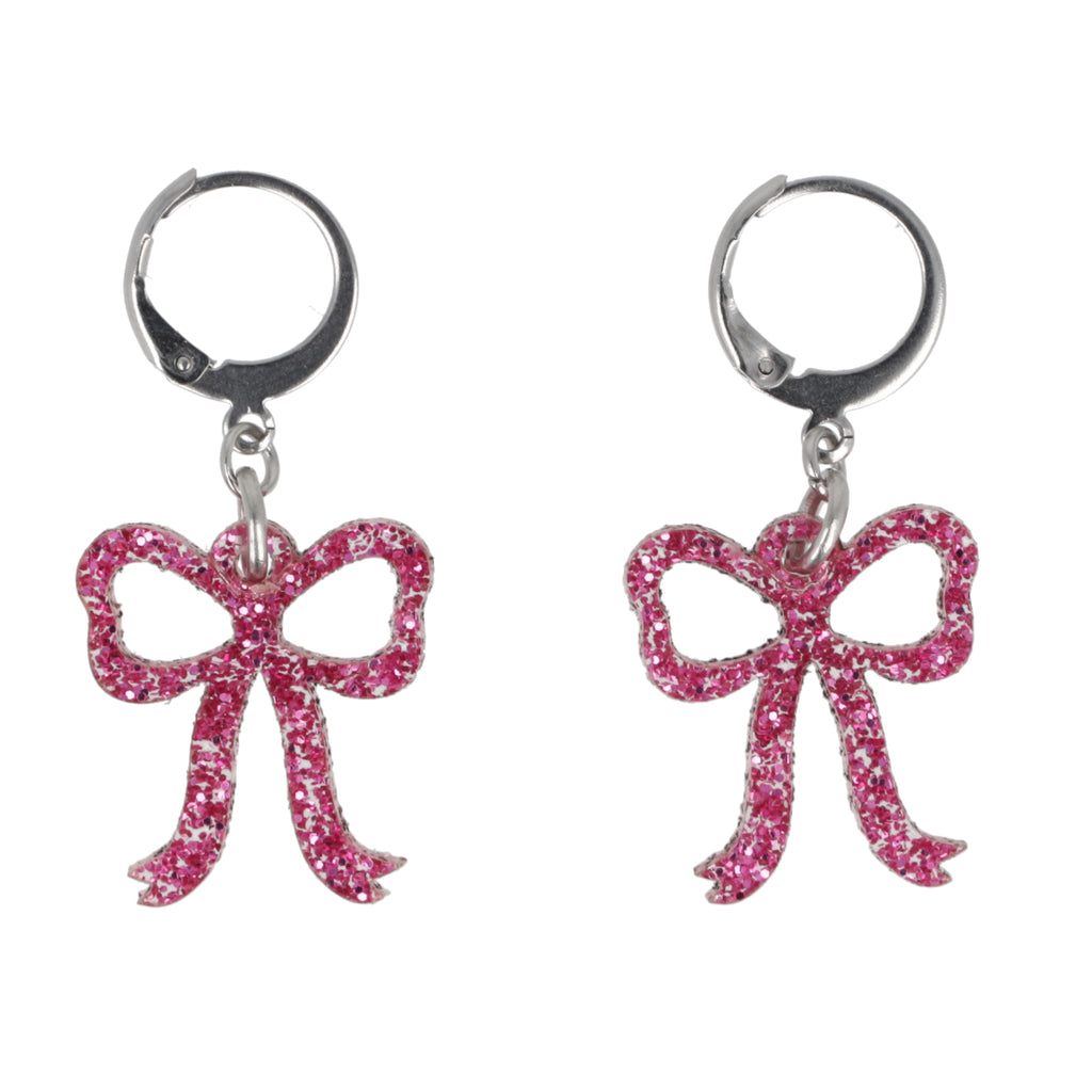 Mini Pink Glitter Bow Huggie Hoop Earrings - Sour Cherry
