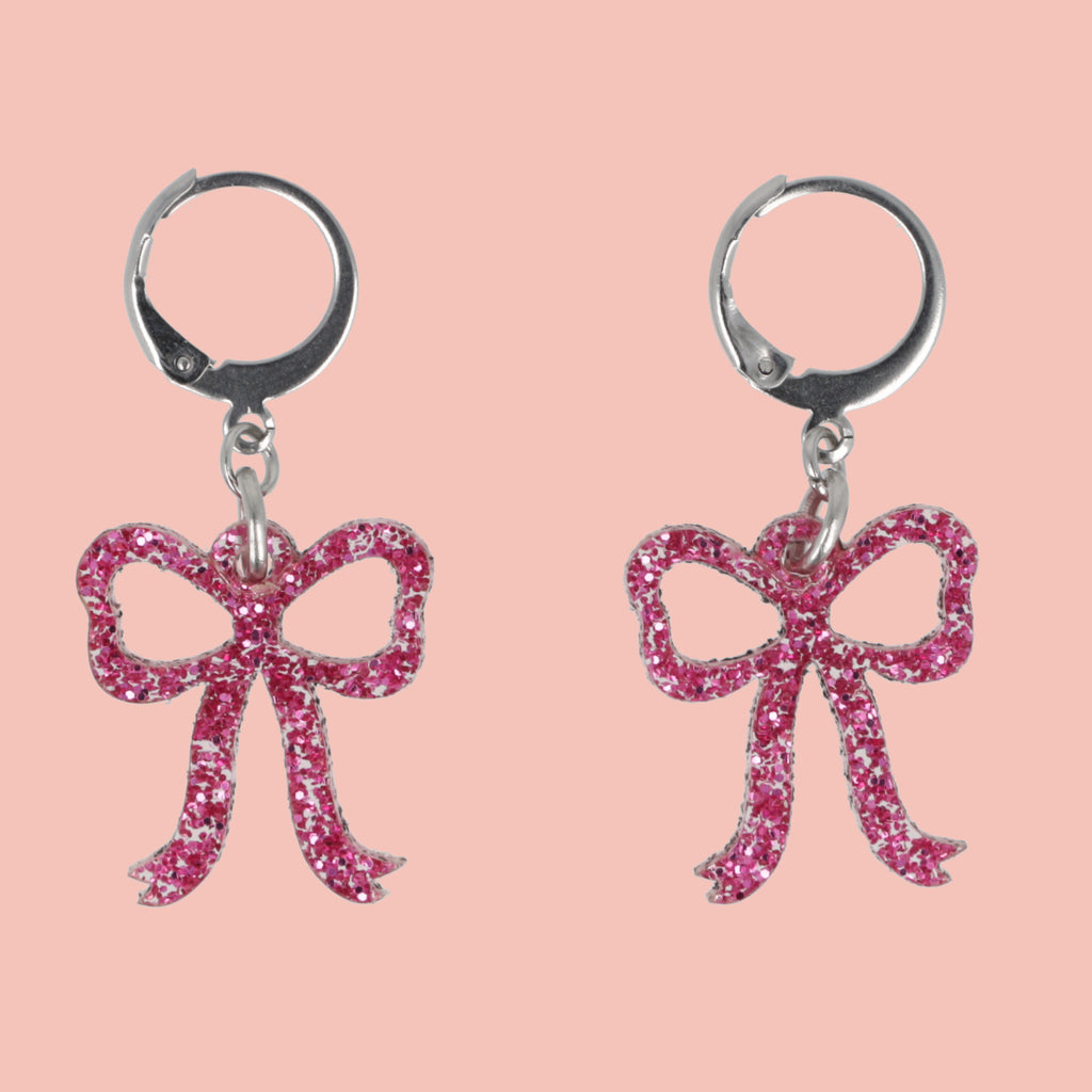Mini Pink Glitter Bow Huggie Hoop Earrings - Sour Cherry