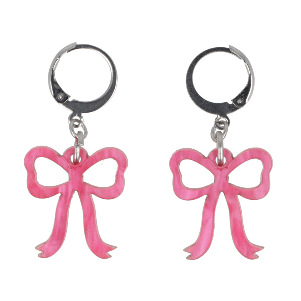 Mini Pink Marble Bow Huggie Hoop Earrings - Sour Cherry