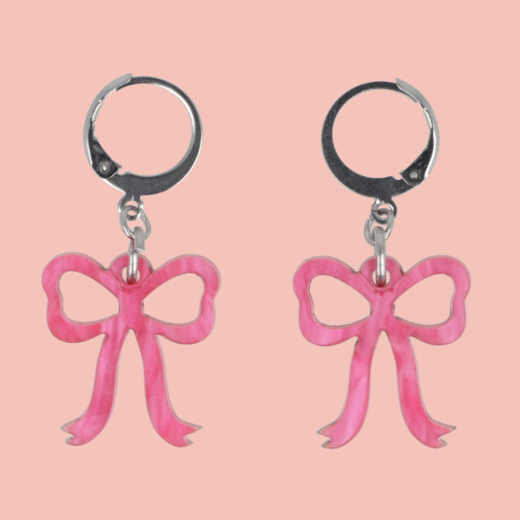 Mini Pink Marble Bow Huggie Hoop Earrings - Sour Cherry
