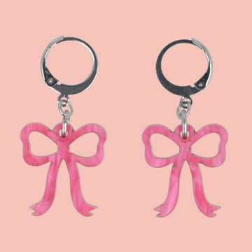 Mini Pink Marble Bow Huggie Hoop Earrings - Sour Cherry