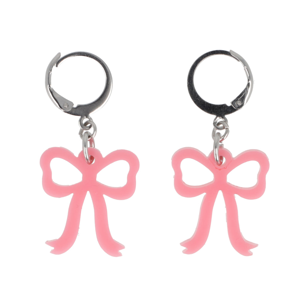 Mini Rose Pink Bow Huggie Hoop Earrings - Sour Cherry