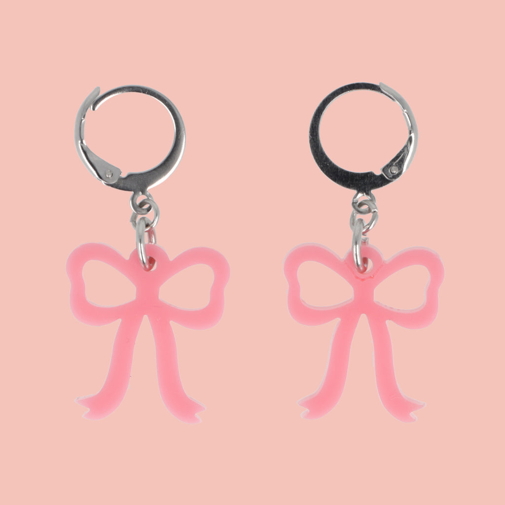 Mini Rose Pink Bow Huggie Hoop Earrings - Sour Cherry