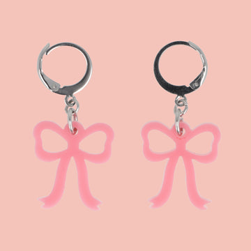 Mini Rose Pink Bow Huggie Hoop Earrings - Sour Cherry