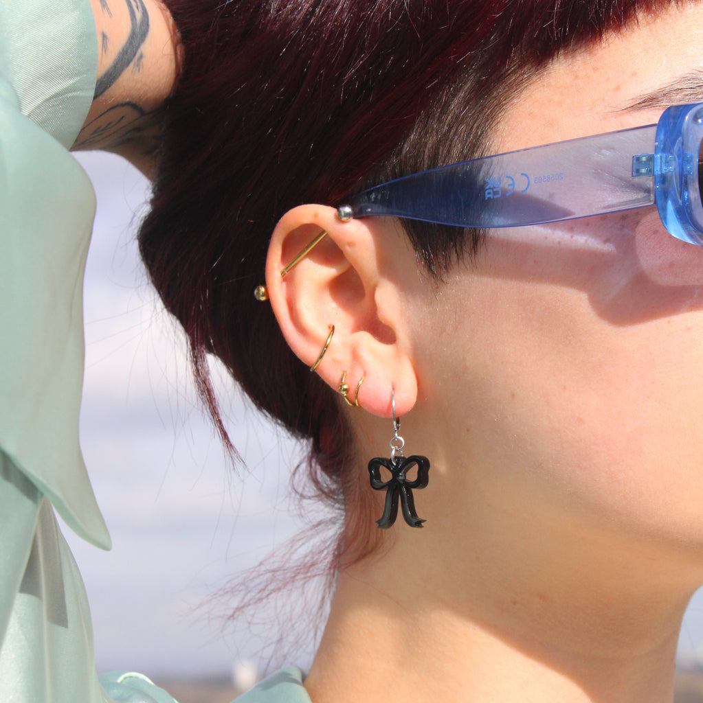 Mini Black Bow Huggie Hoop Earrings - Sour Cherry