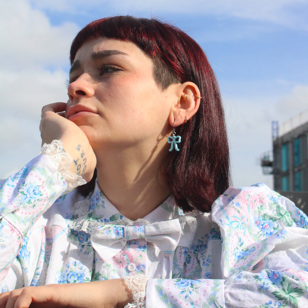 Mini Blue Bow Huggie Hoop Earrings - Sour Cherry