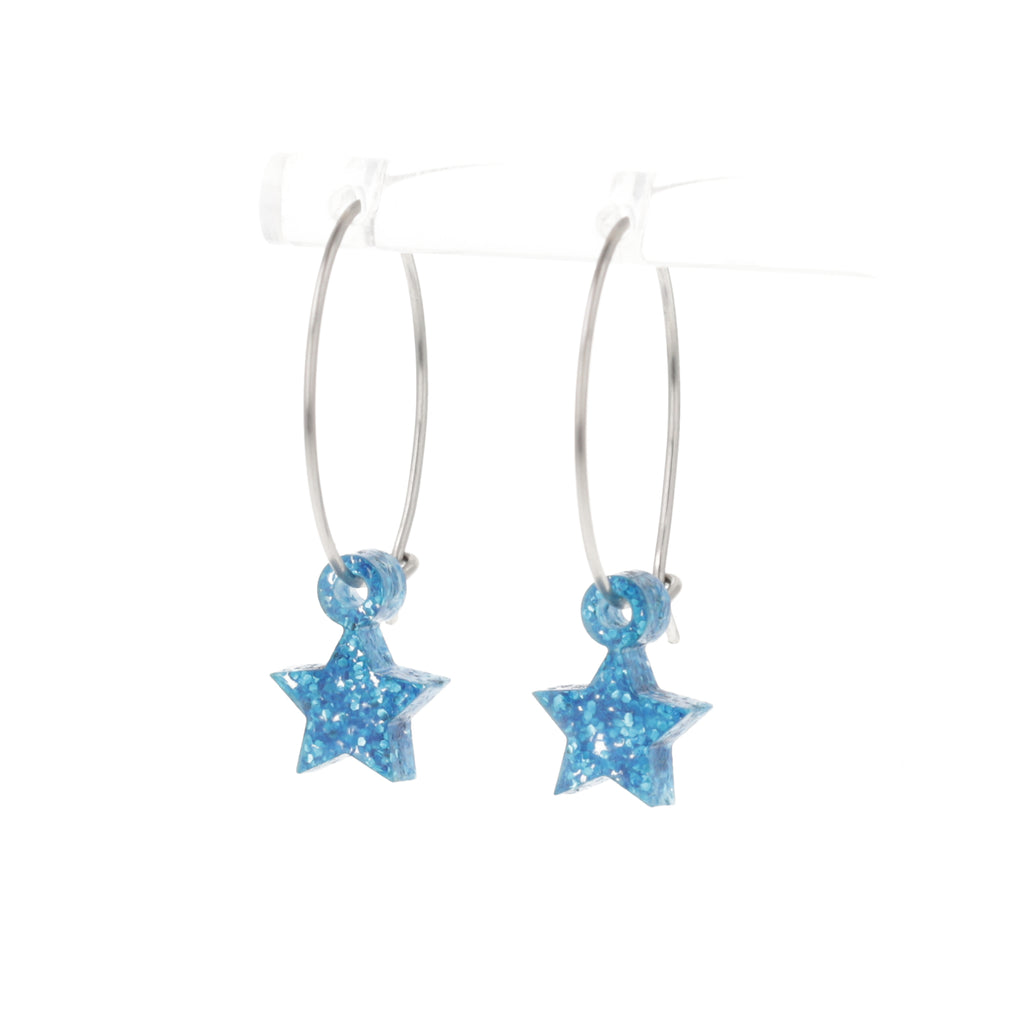 Mini blue glitter acrylic star charms on stainless steel hoops