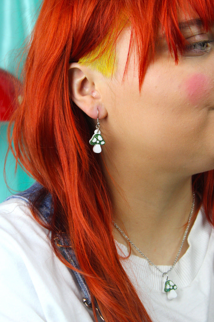 Green Mini Magic Mushroom Earrings - Sour Cherry
