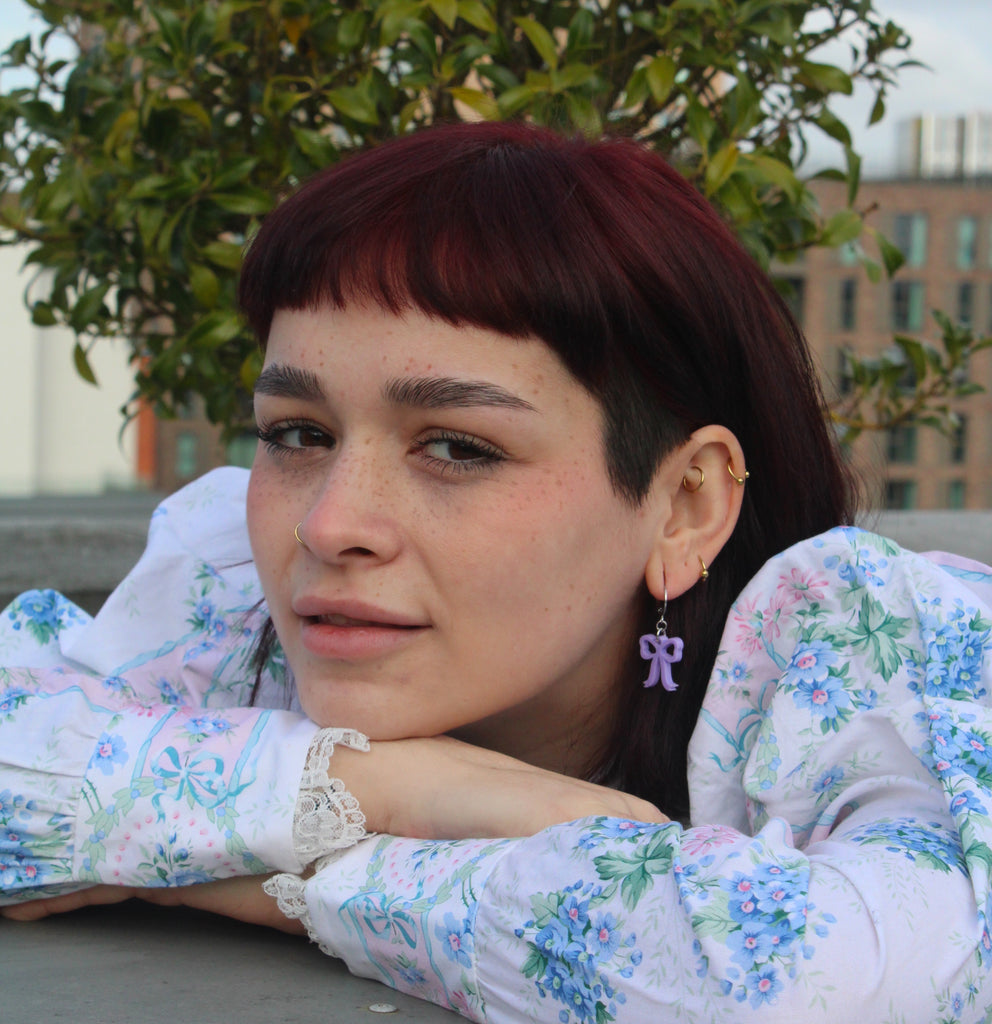 Mini Lilac Bow Huggie Hoop Earrings - Sour Cherry