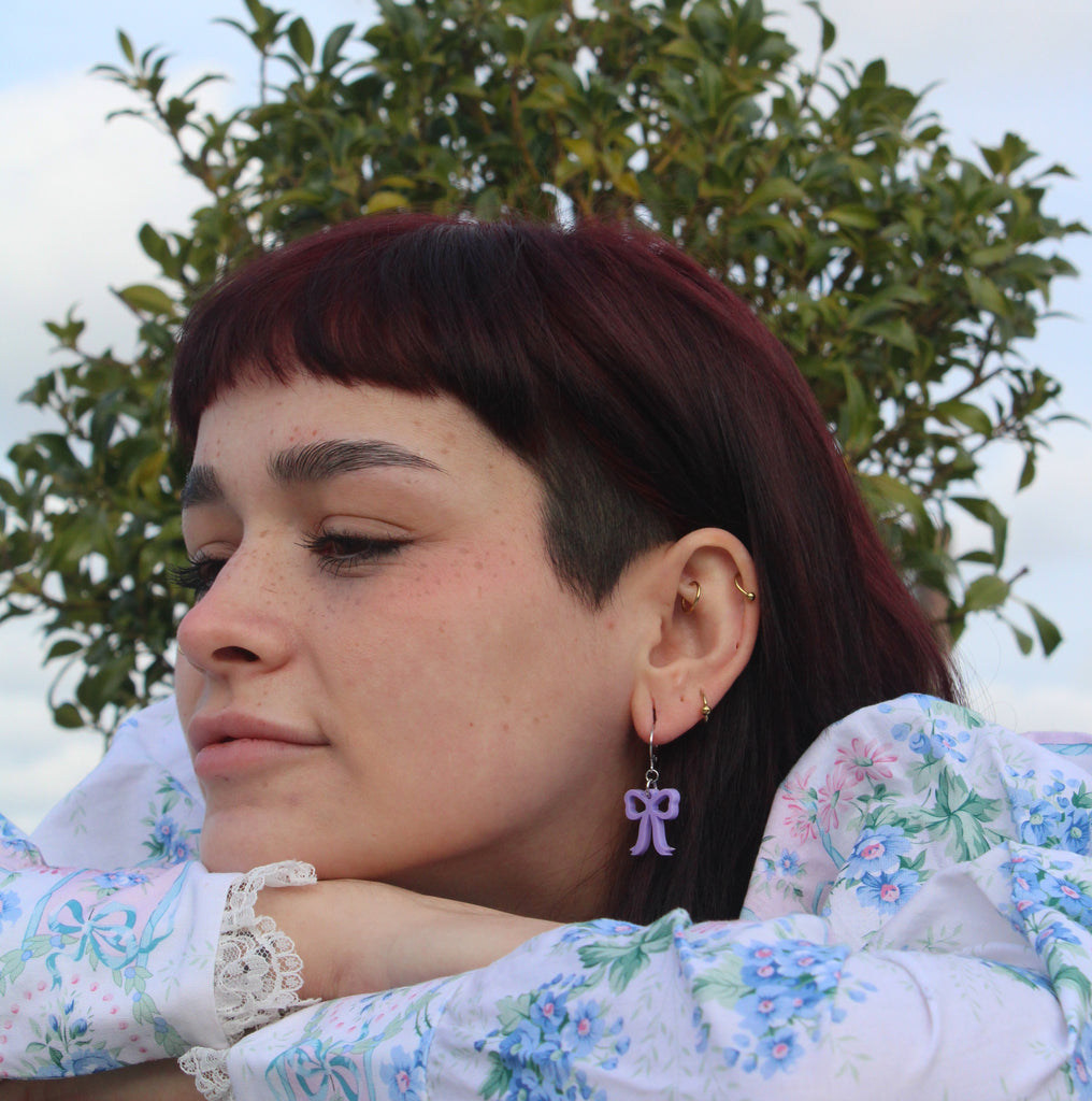 Mini Lilac Bow Huggie Hoop Earrings - Sour Cherry