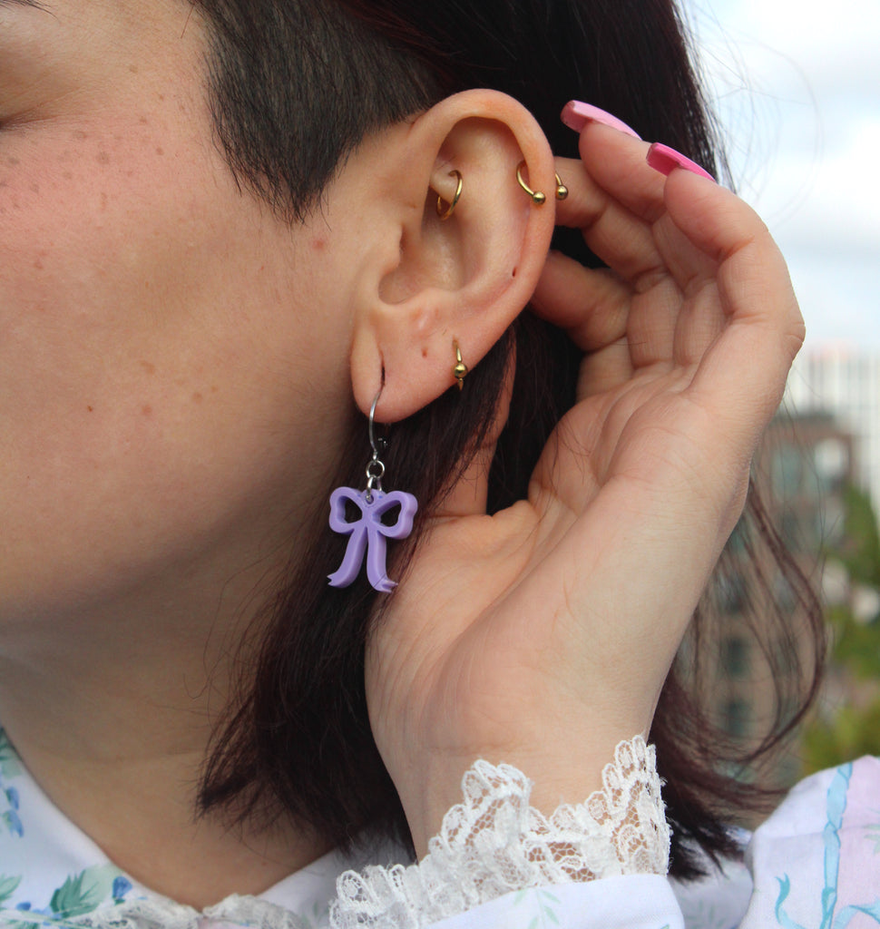 Mini Lilac Bow Huggie Hoop Earrings - Sour Cherry