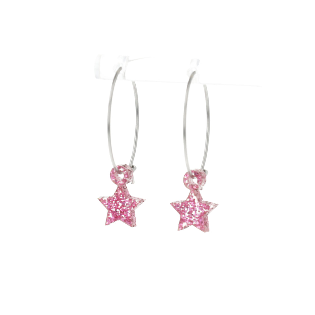 Mini pink glitter acrylic star charms on stainless steel hoops