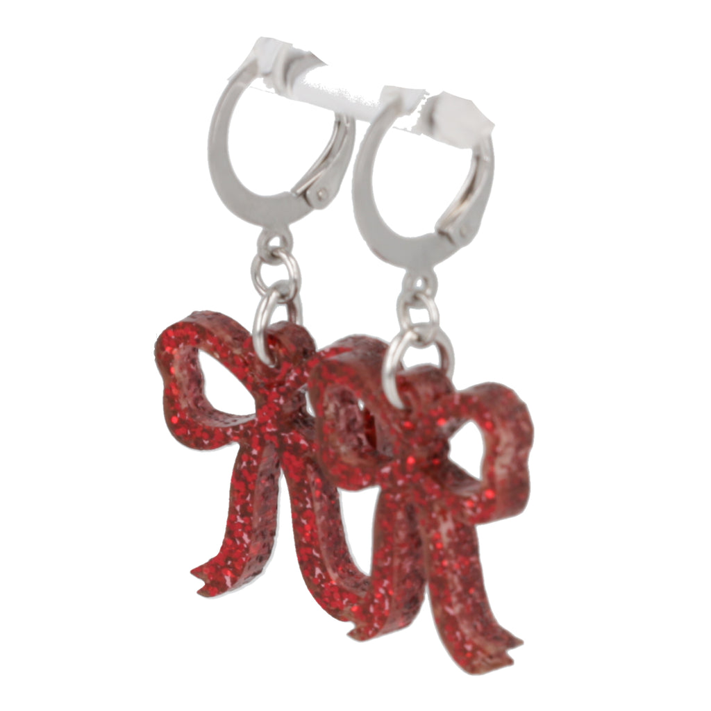 Mini Red Glitter Bow Huggie Hoop Earrings - Sour Cherry