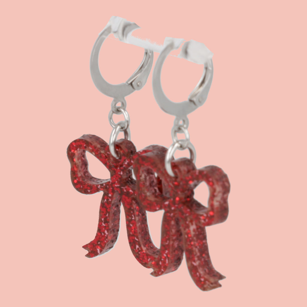 Mini Red Glitter Bow Huggie Hoop Earrings - Sour Cherry