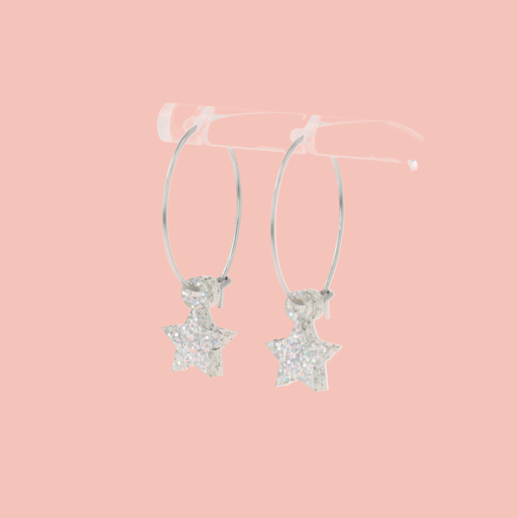 Mini silver glitter acrylic star charms on stainless steel hoops