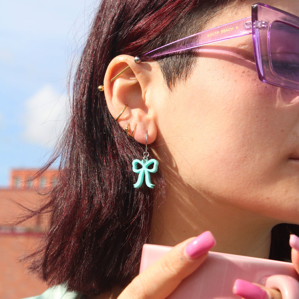 Mini Turquoise Bow Huggie Hoop Earrings - Sour Cherry