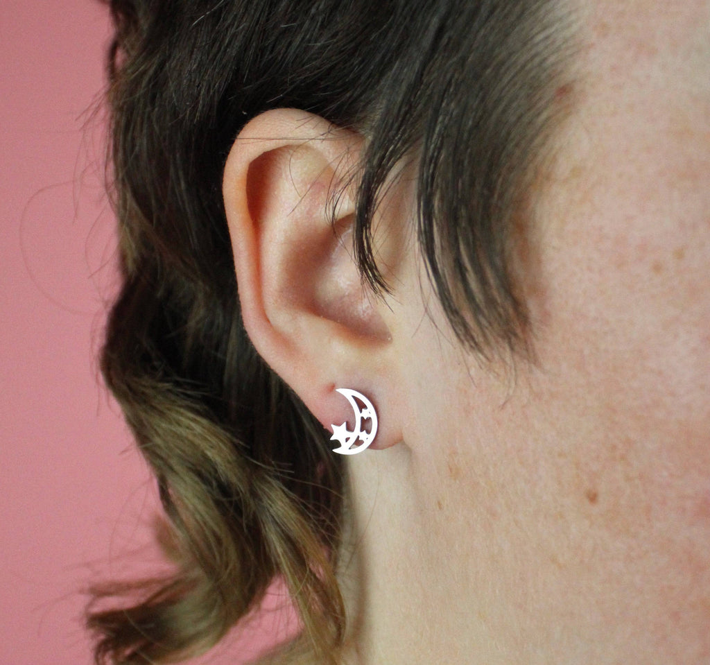 Moon & Three Star Stud Earrings - Sour Cherry