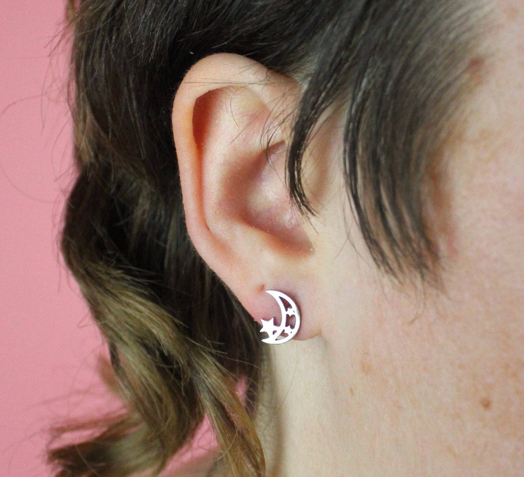 Moon & Three Star Stud Earrings - Sour Cherry