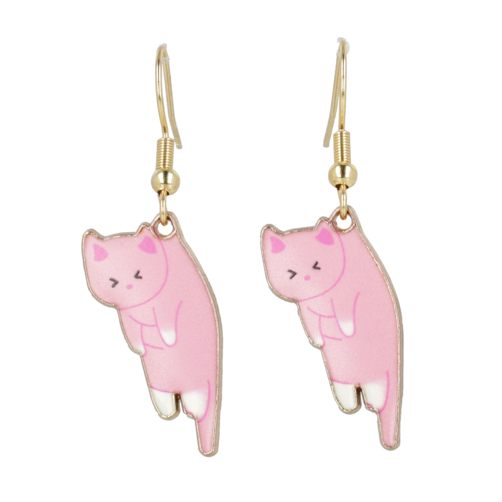 Pink cat-shaped earrings with gold hooks on a white background