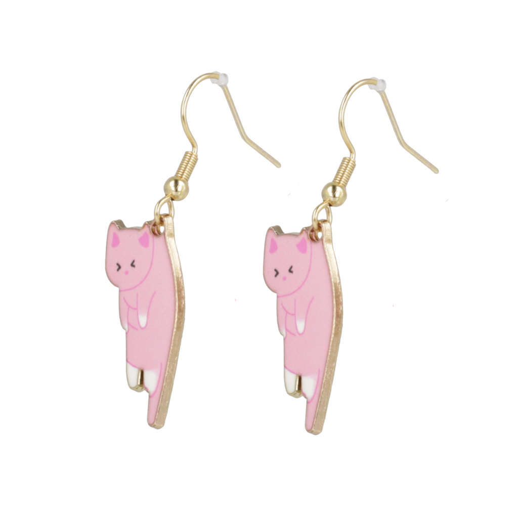 Pink cat-shaped earrings with gold hooks on a white background