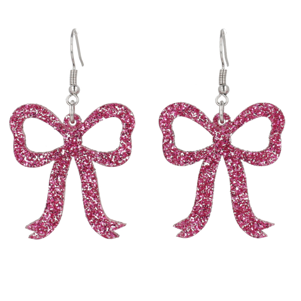 Pink Glitter Bow Earrings - Sour Cherry