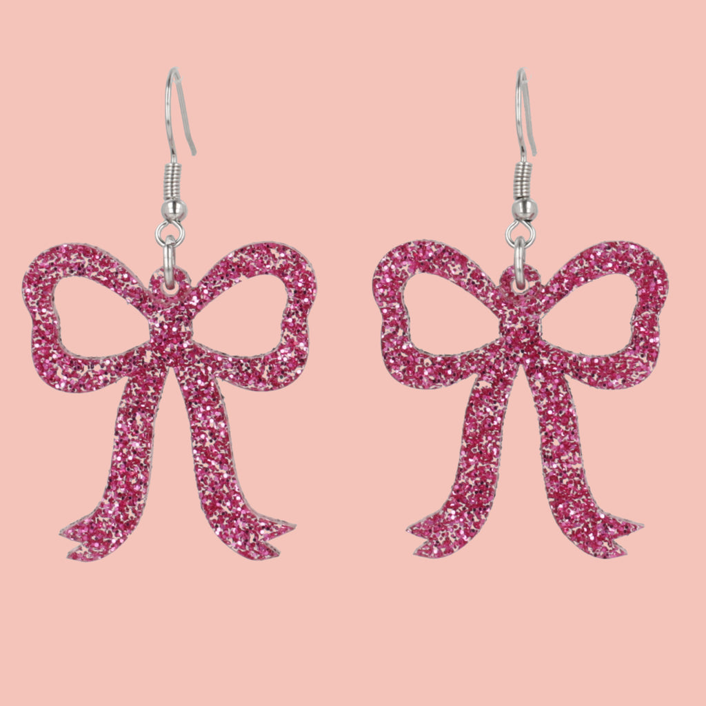 Pink Glitter Bow Earrings - Sour Cherry