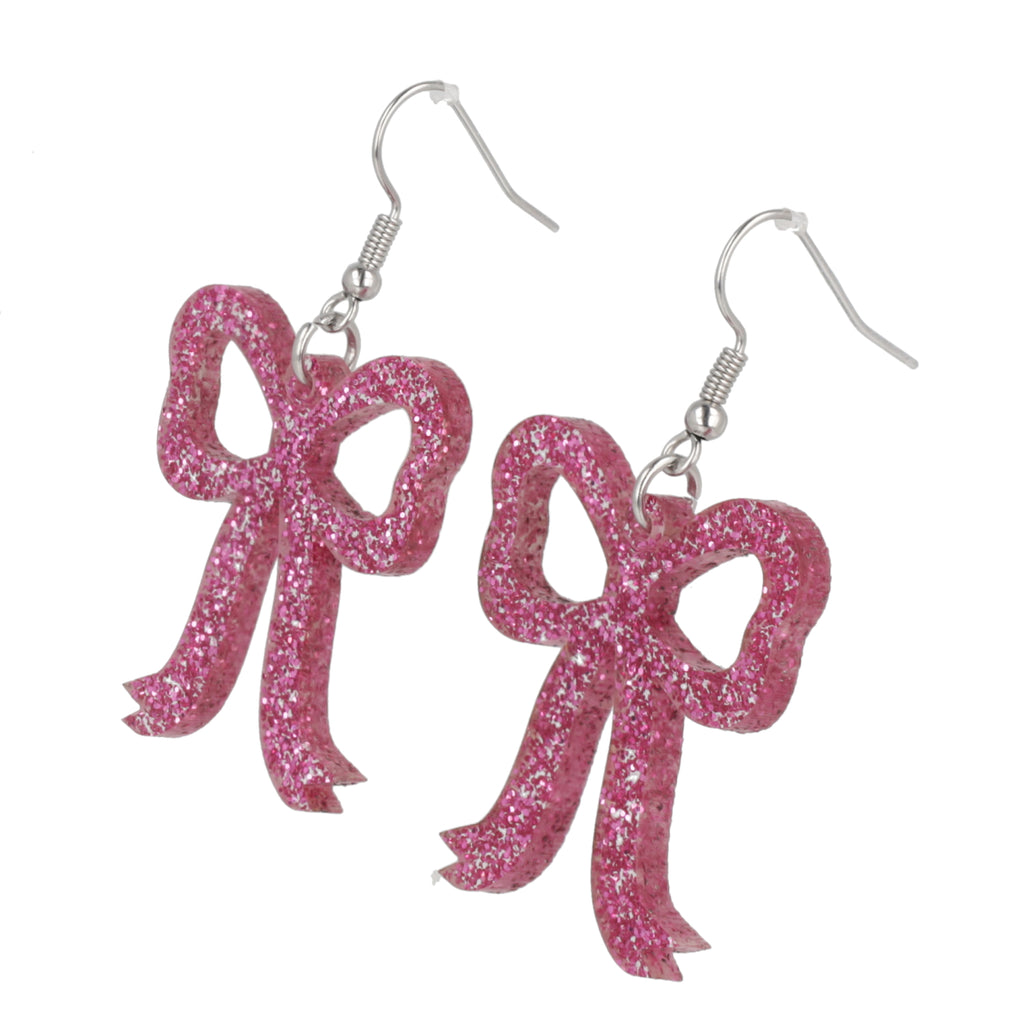 Pink Glitter Bow Earrings - Sour Cherry