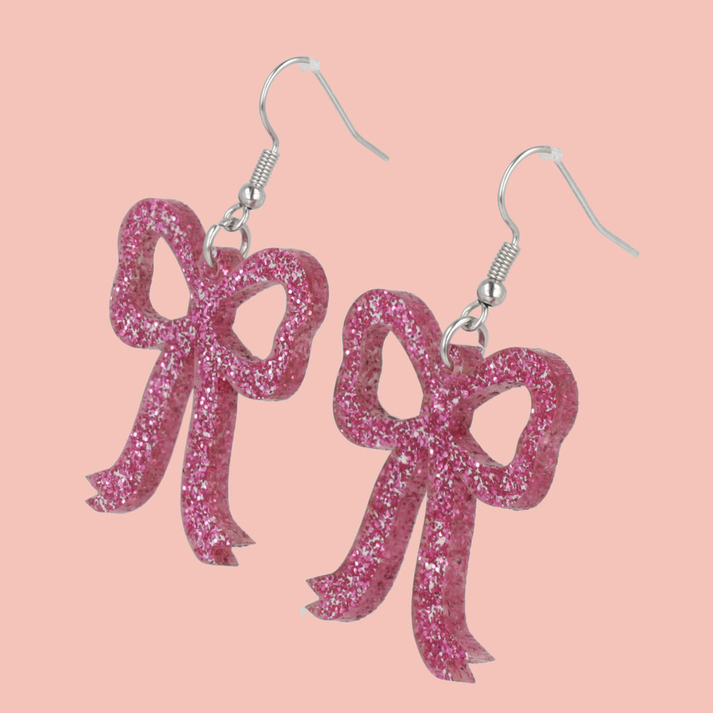 Pink Glitter Bow Earrings - Sour Cherry