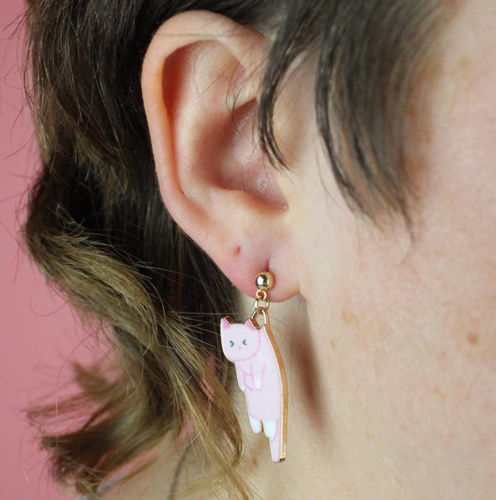 Pink & White Cat Stud Earrings (Gold Plated) - Sour Cherry
