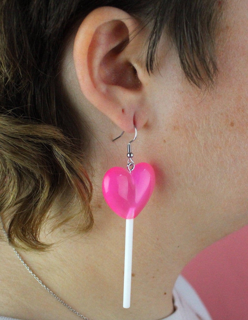 Pink Heart Lollipop Earrings - Sour Cherry