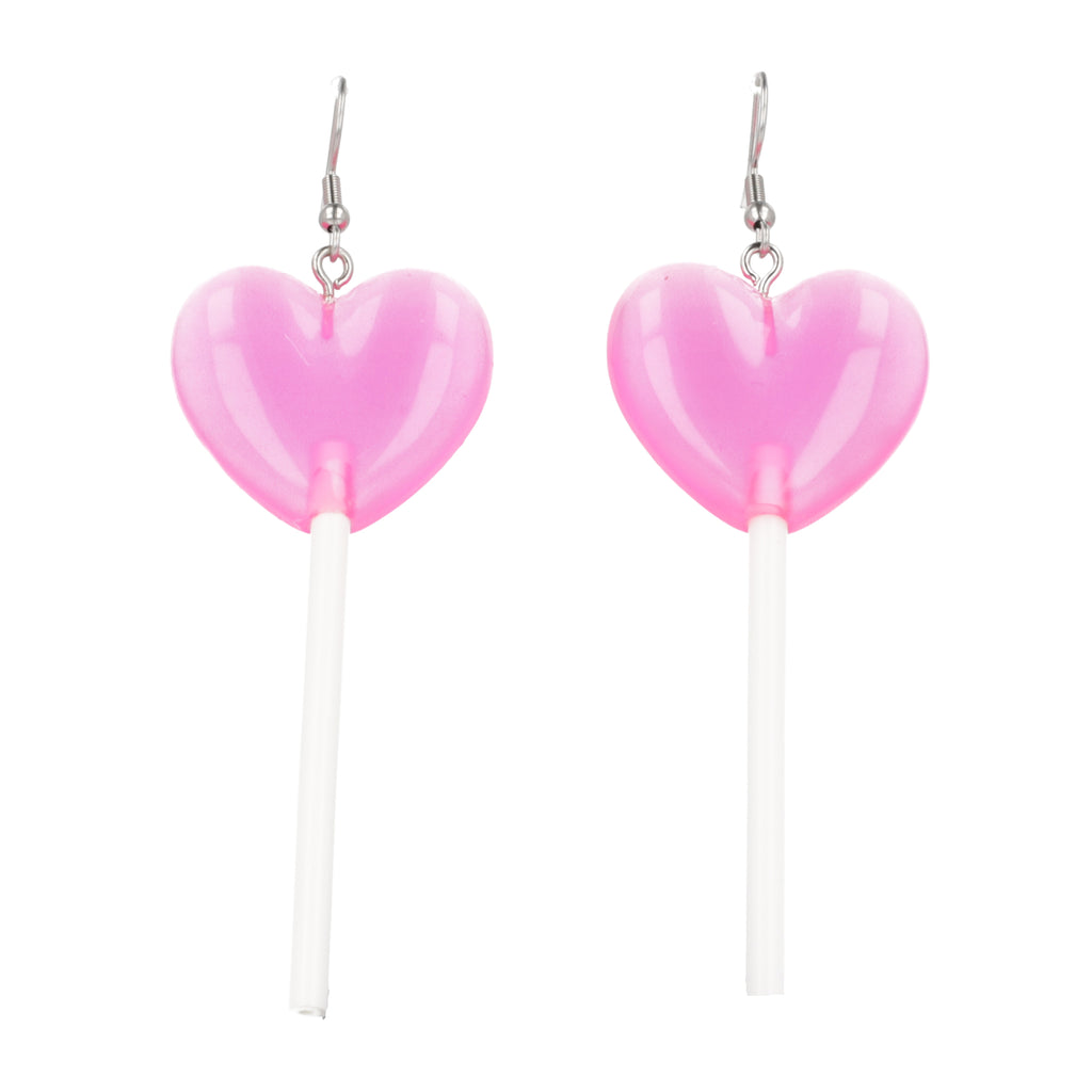 Pink Heart Lollipop Earrings - Sour Cherry